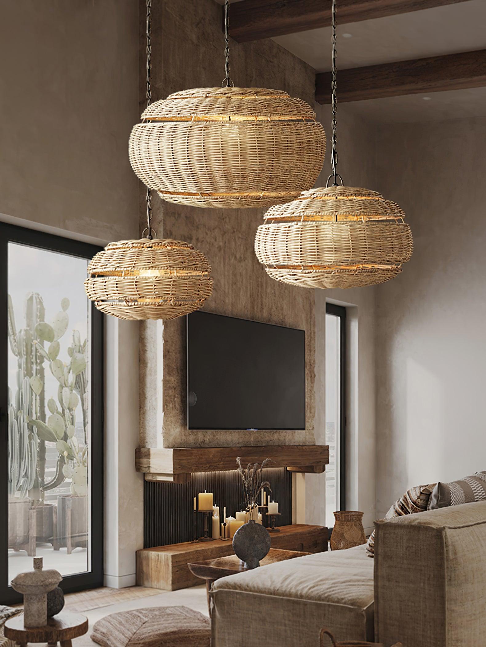 Handwoven Rattan Pendant Light Rustic Conical Wicker Hanging Lamp for Interior