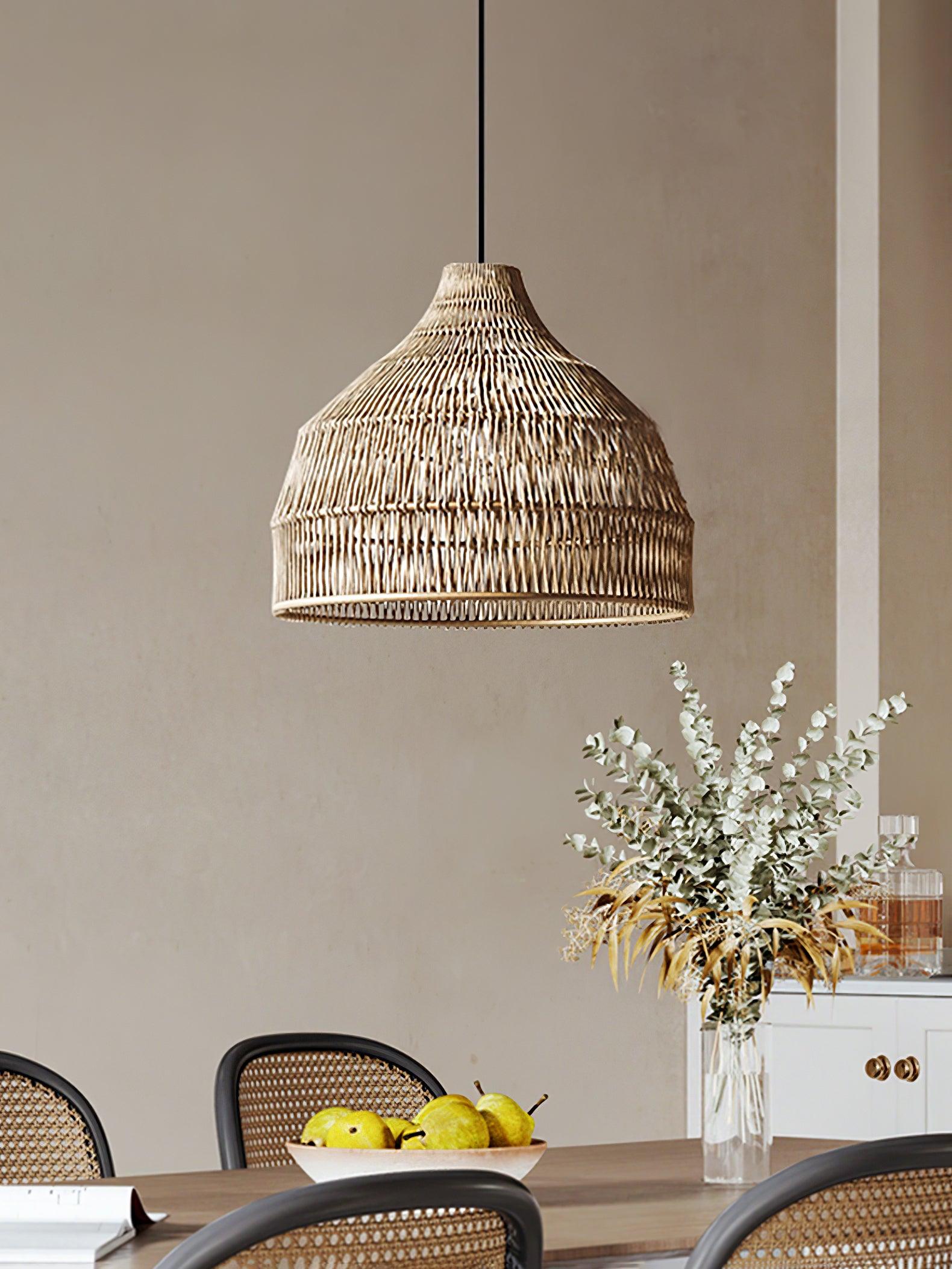 Handwoven Rattan Pendant Light Rustic Conical Wicker Hanging Lamp for Interior
