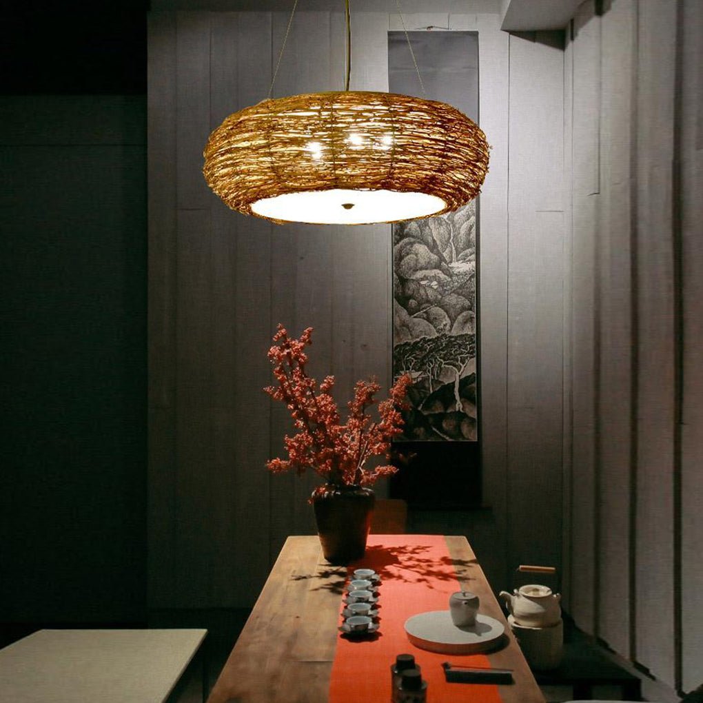 Handwoven Wicker Peach Shaped Pendant Light Burlywood Rattan Ceiling Lamp for Dining Room