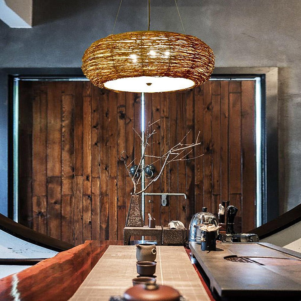 Handwoven Wicker Peach Shaped Pendant Light Burlywood Rattan Ceiling Lamp for Dining Room