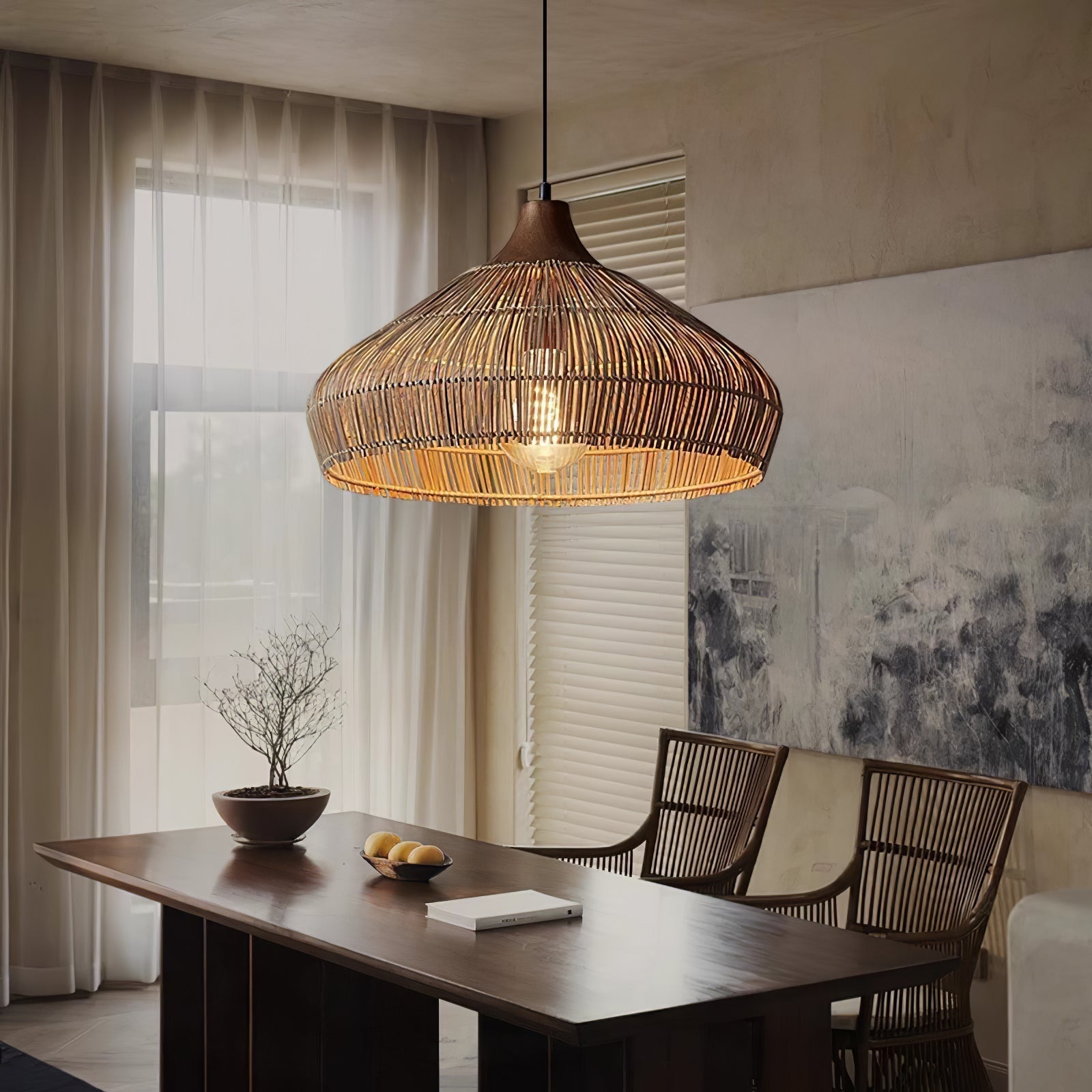 Handwoven Wicker Rattan Pendant Light with Wood and Metal Accents
