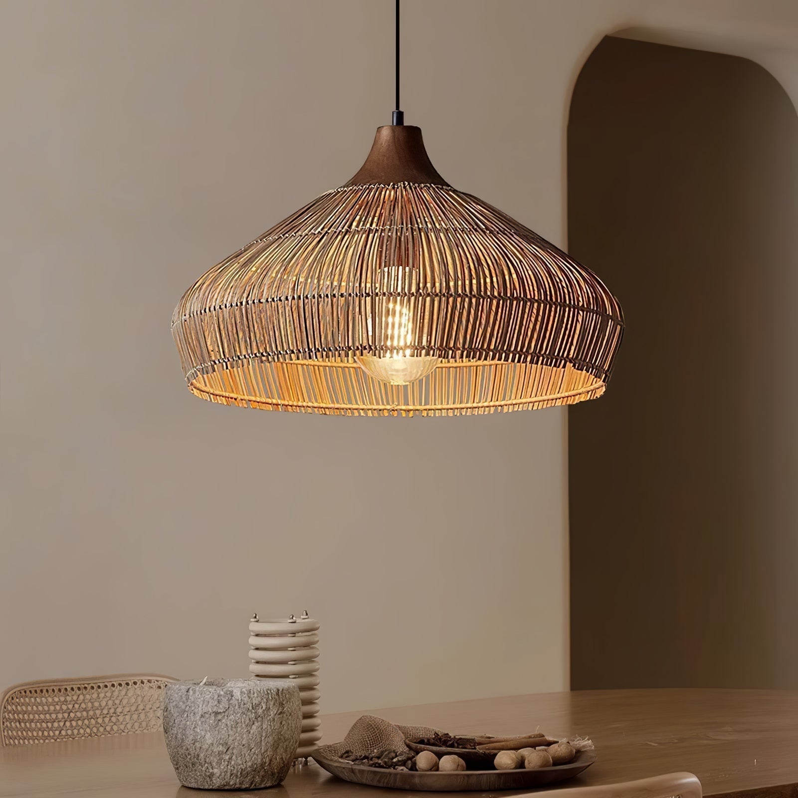 Handwoven Wicker Rattan Pendant Light with Wood and Metal Accents