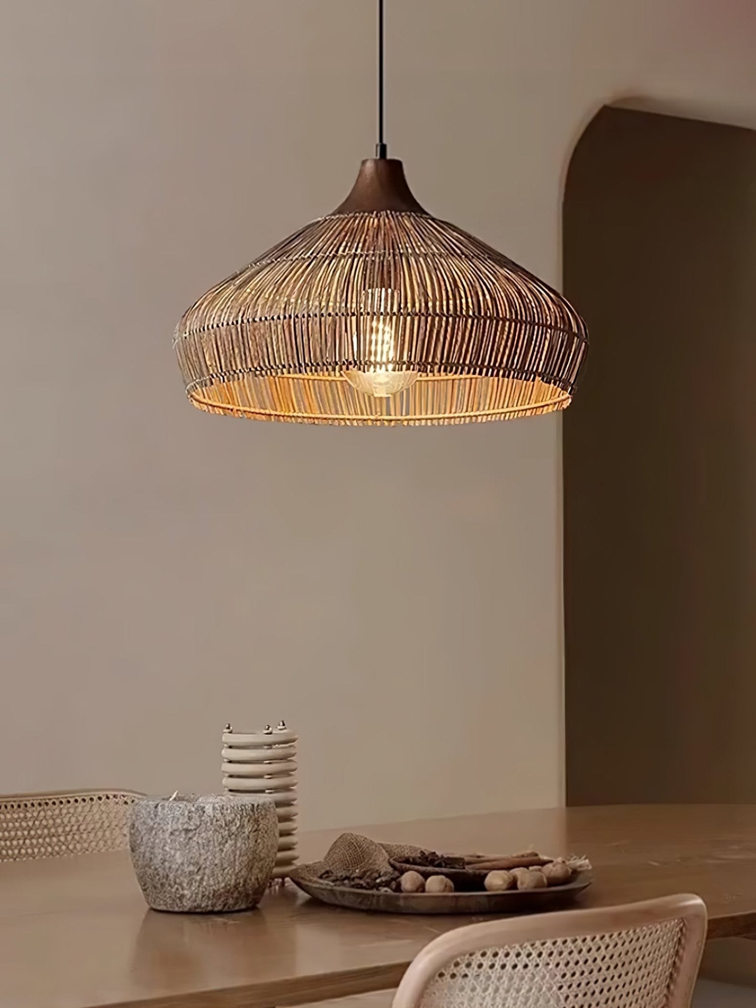 Handwoven Wicker Rattan Pendant Light with Wood and Metal Accents