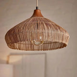 Handwoven Wicker Rattan Pendant Light with Wood and Metal Accents