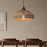 Handwoven Wicker Rattan Pendant Light with Wood and Metal Accents