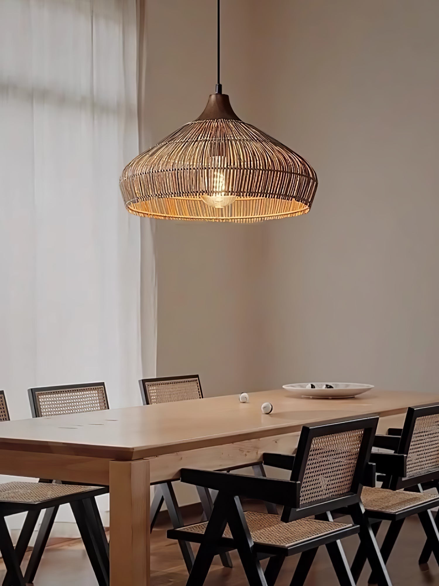 Handwoven Wicker Rattan Pendant Light with Wood and Metal Accents