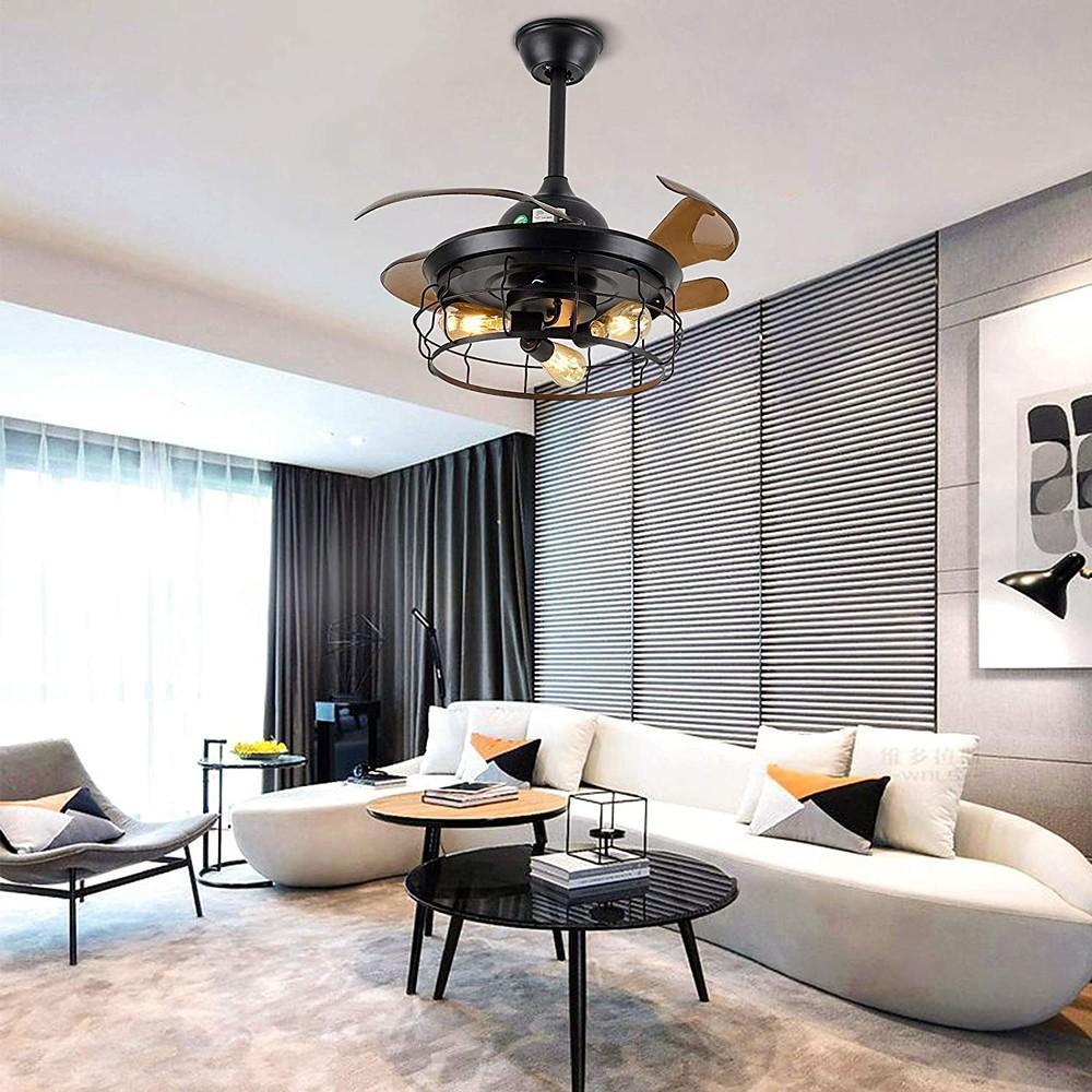 43 Inch Black Industrial Retractable Ceiling Fan with Lantern Light for Living Room