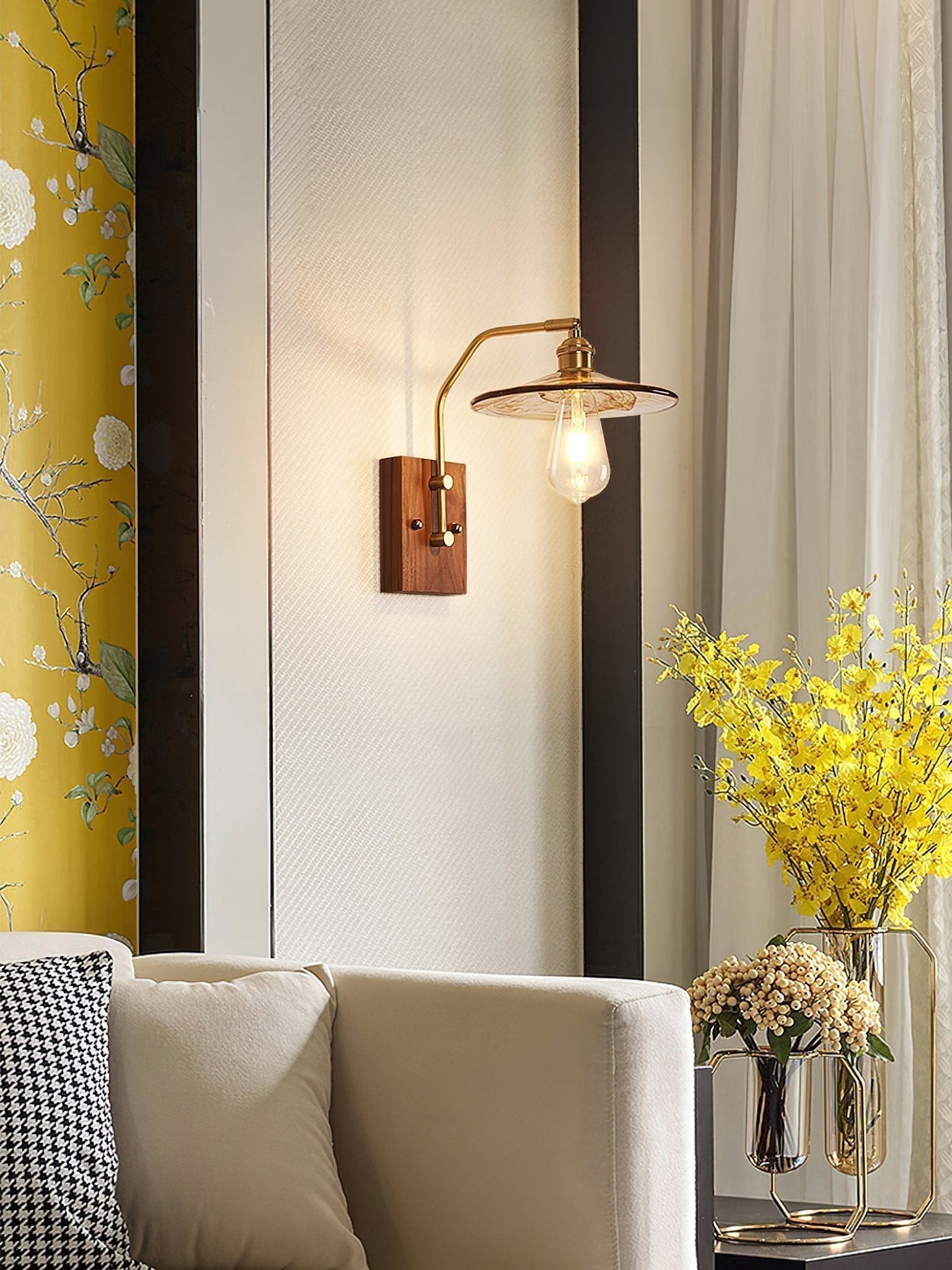 Heritage Walnut Wood Wall Sconce with Glass Shade and Brass Accents