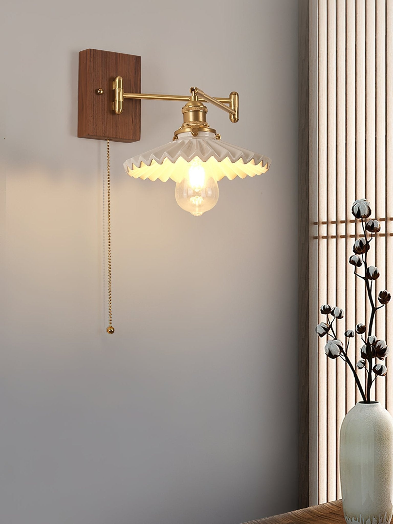 Heritage Walnut Wood Wall Sconce with Glass Shade and Brass Accents