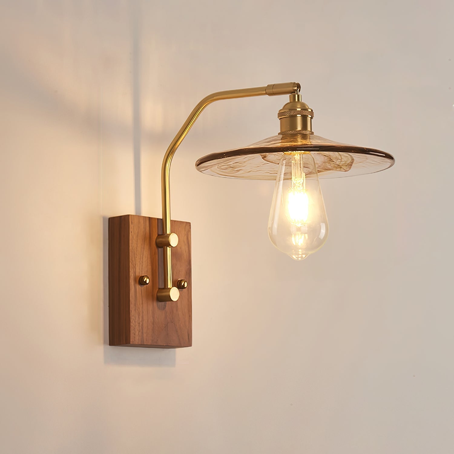 Heritage Walnut Wood Wall Sconce with Glass Shade and Brass Accents