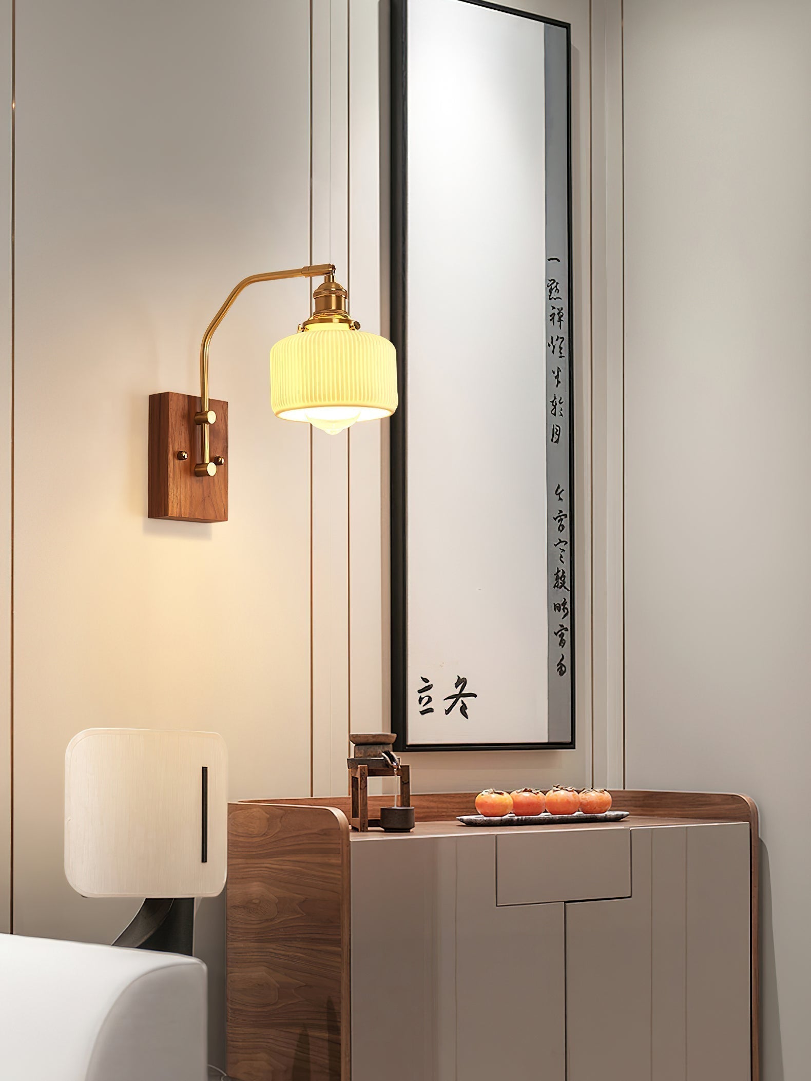 Heritage Walnut Wood Wall Sconce with Glass Shade and Brass Accents