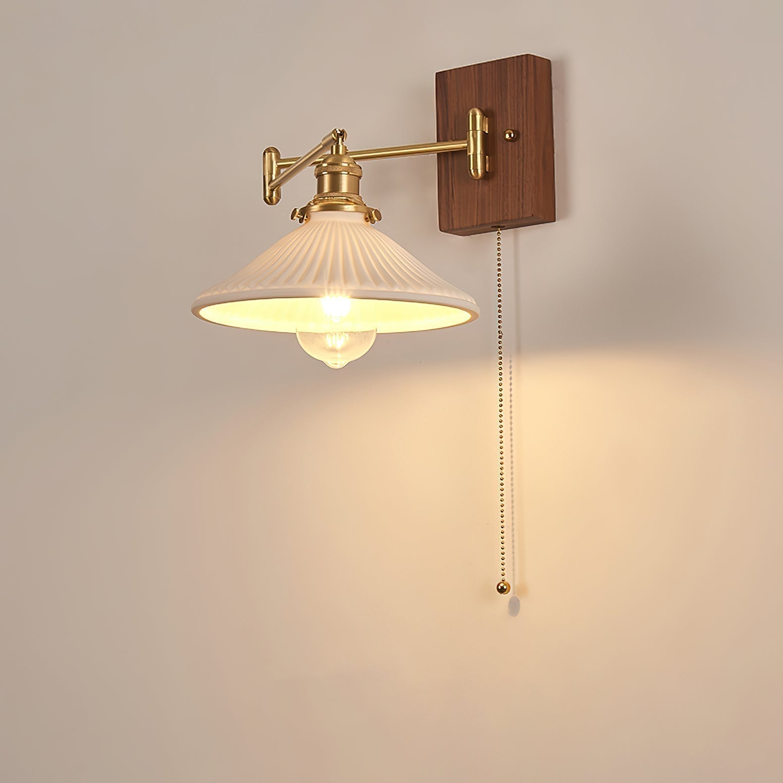 Heritage Walnut Wood Wall Sconce with Glass Shade and Brass Accents