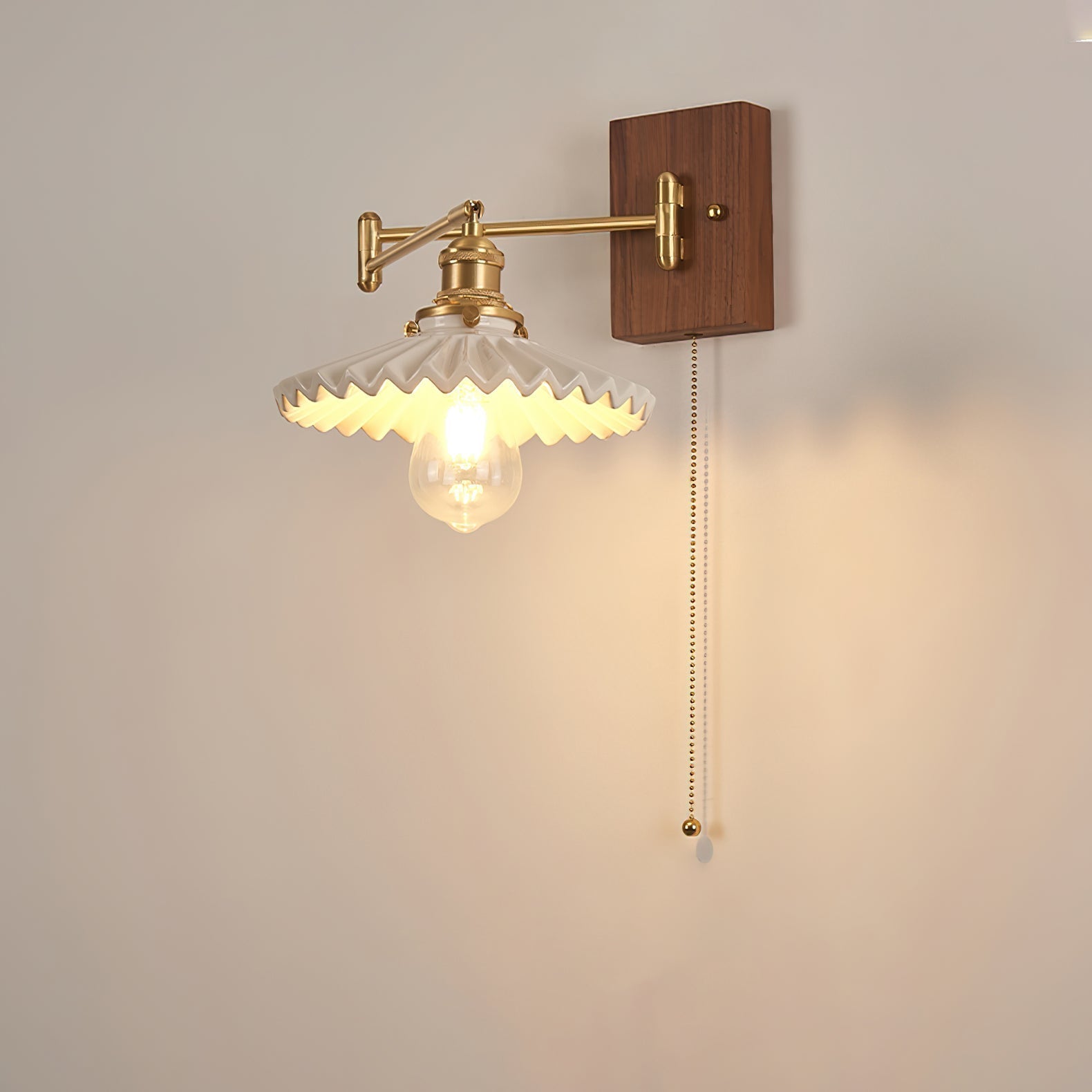 Heritage Walnut Wood Wall Sconce with Glass Shade and Brass Accents