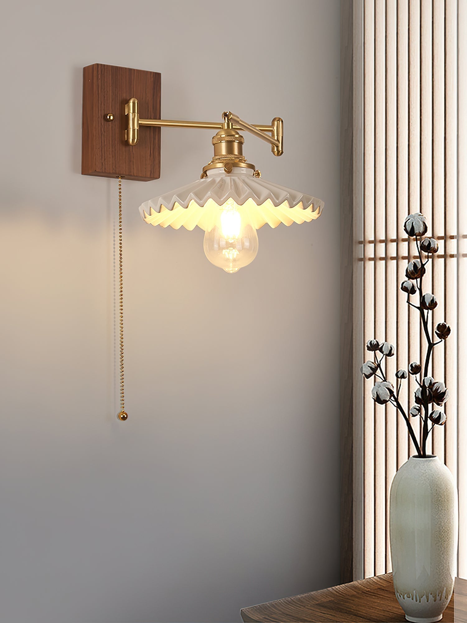 Heritage Walnut Wood Wall Sconce with Glass Shade and Brass Accents