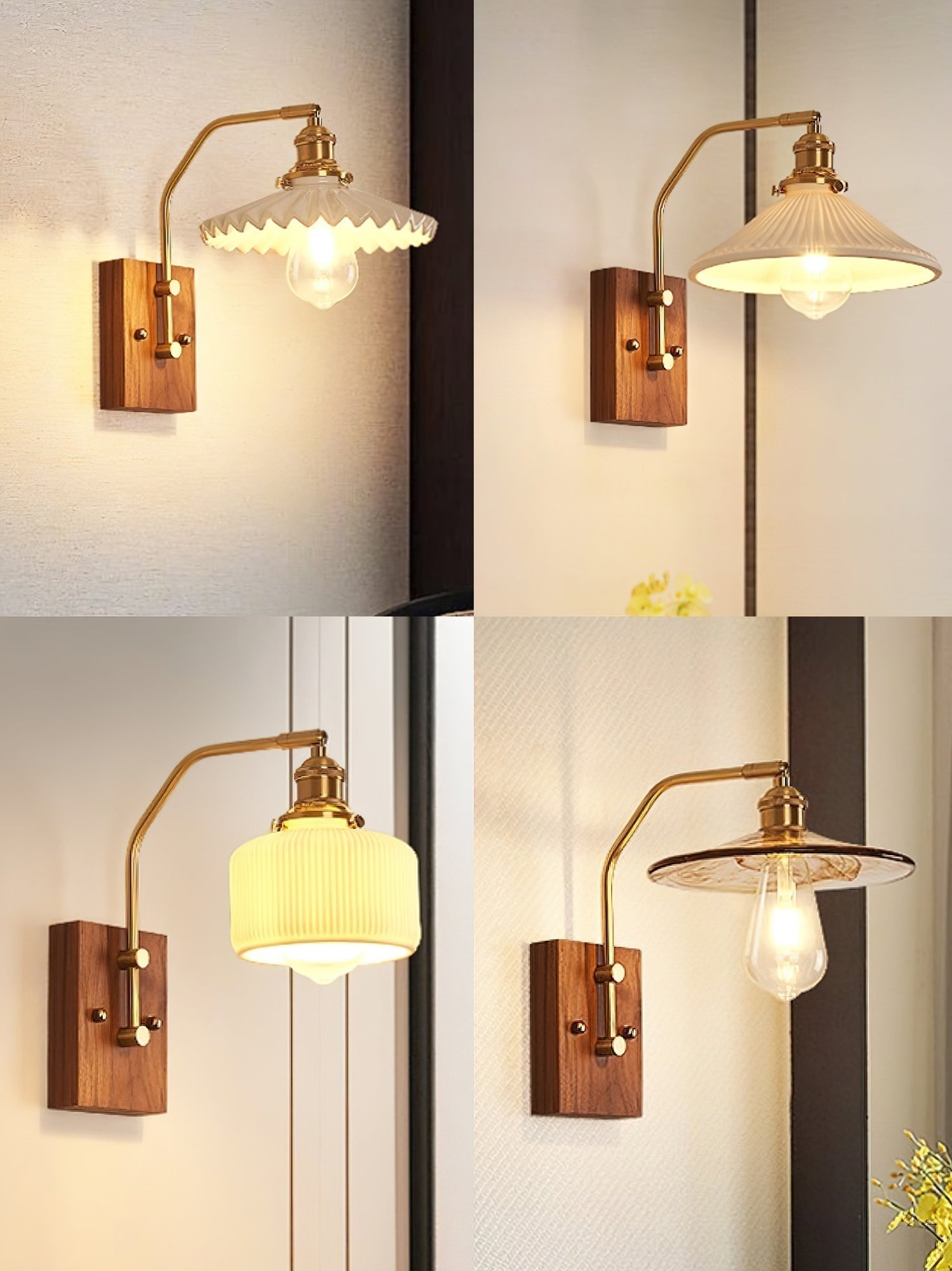 Heritage Walnut Wood Wall Sconce with Glass Shade and Brass Accents