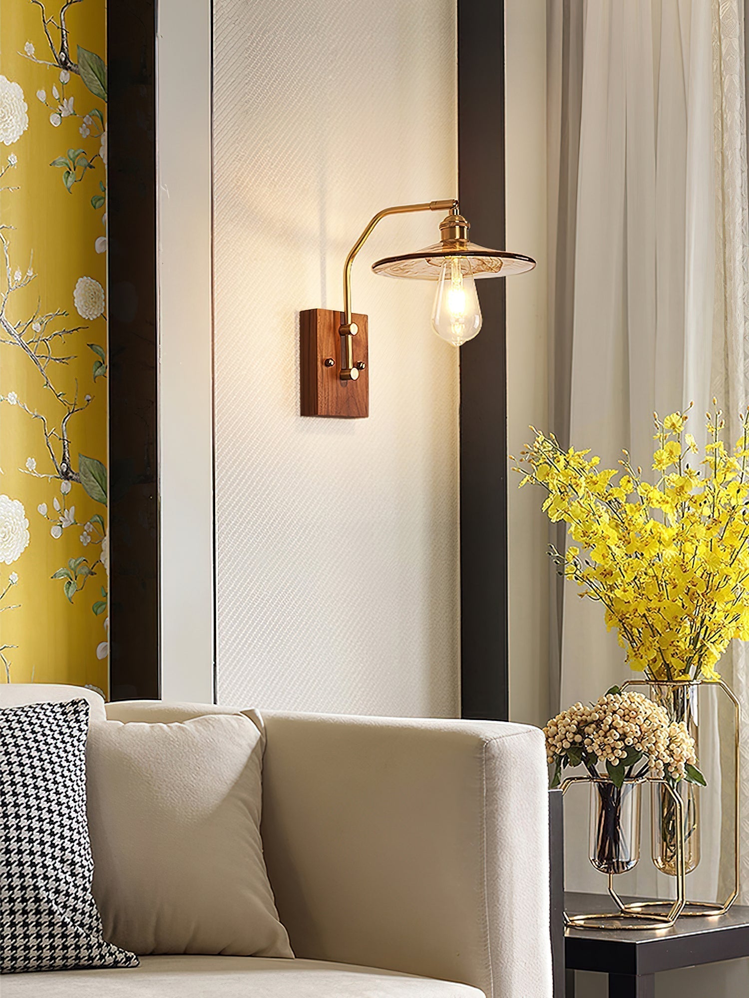 Heritage Walnut Wood Wall Sconce with Glass Shade and Brass Accents