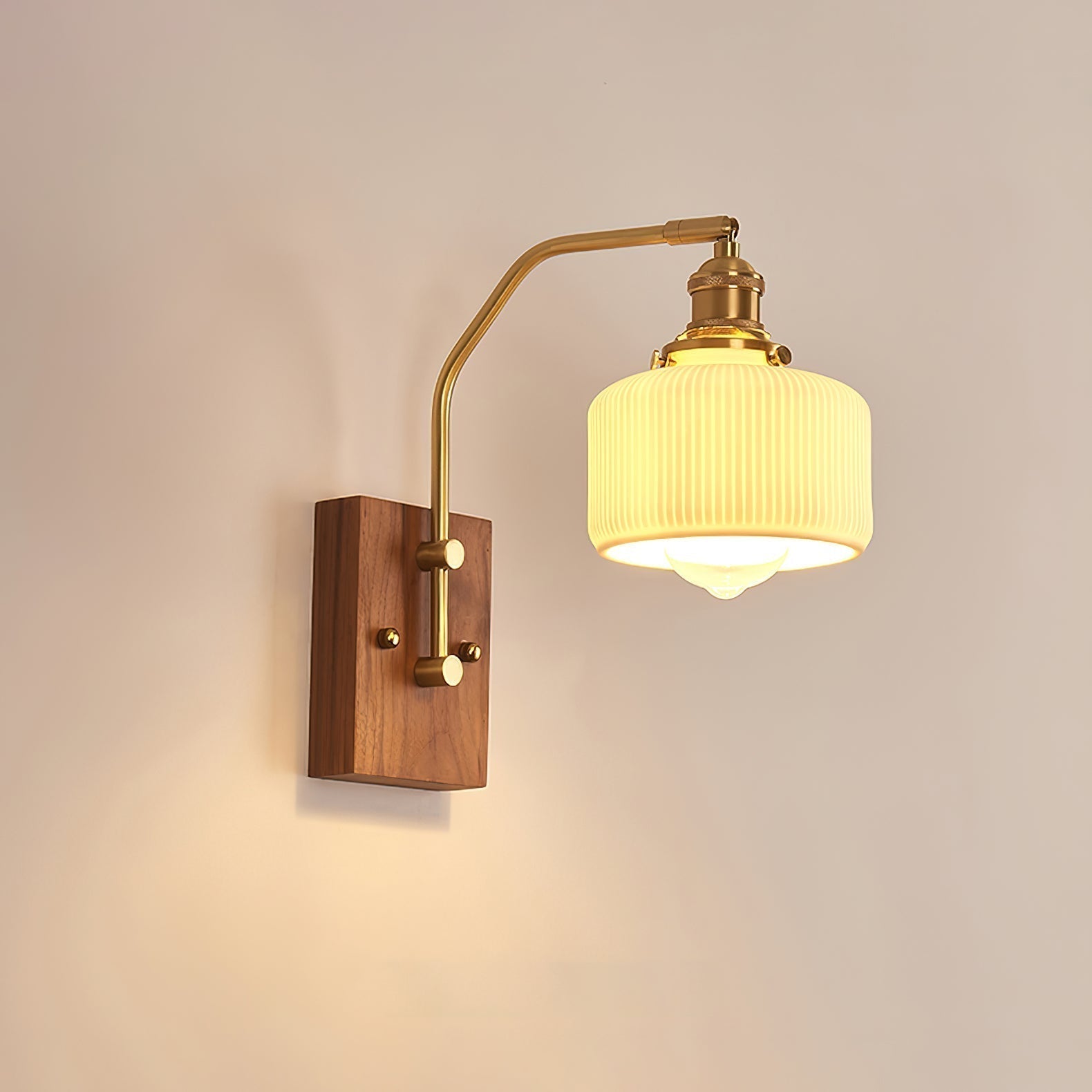 Heritage Walnut Wood Wall Sconce with Glass Shade and Brass Accents