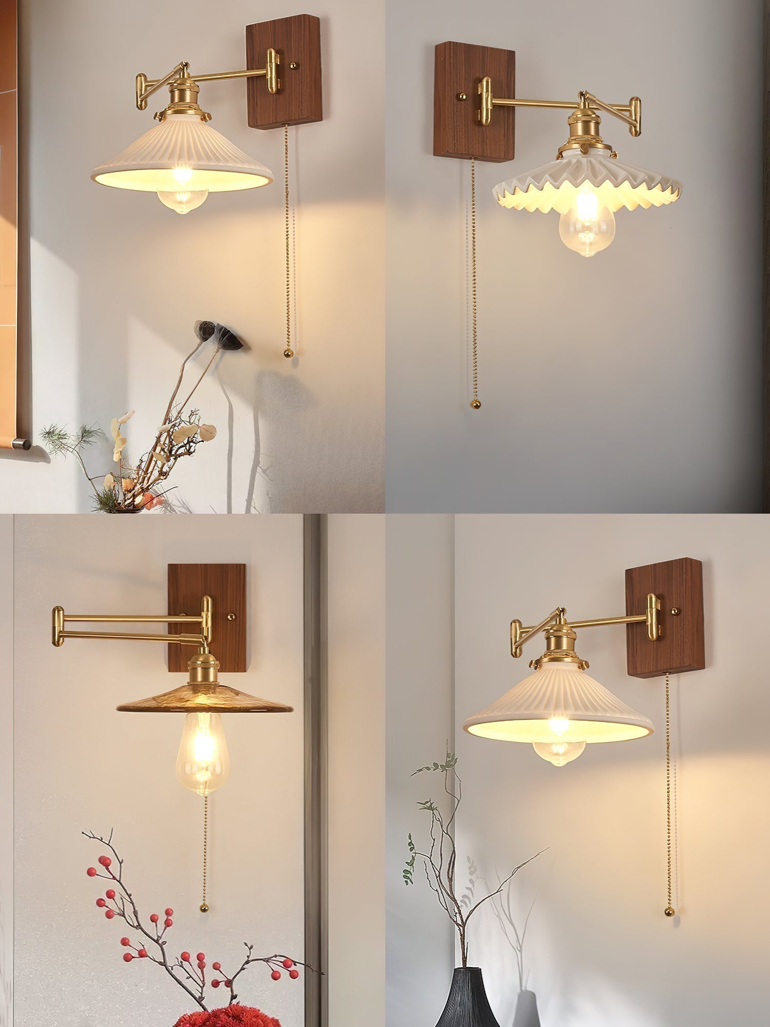 Heritage Walnut Wood Wall Sconce with Glass Shade and Brass Accents