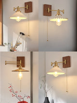 Heritage Walnut Wood Wall Sconce with Glass Shade and Brass Accents