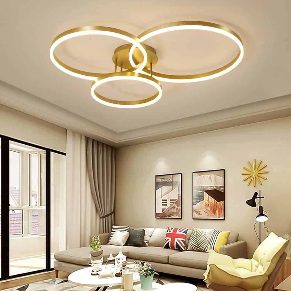 Modern Gold 3 Ring LED Flush Mount Ceiling Light Dimmable Geometric Lighting for Living Room