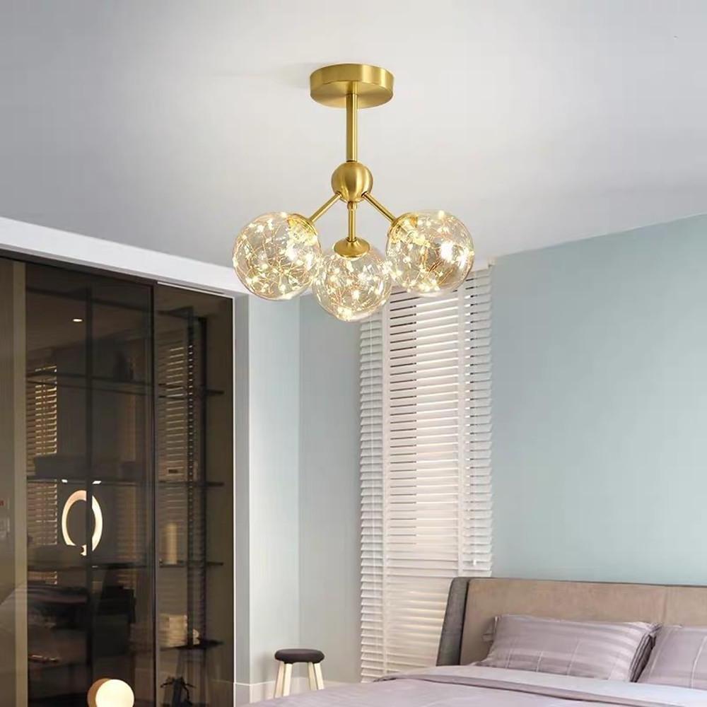 Modern Three Globe Copper and Glass Semi Flush Mount Ceiling Light LED Fixture for Bedroom