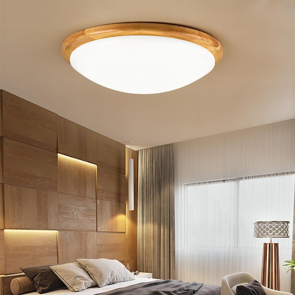 Modern Nordic Wood Flush Mount Ceiling Light 14 Inch Dimmable Bamboo LED Fixture for Bedroom and Office