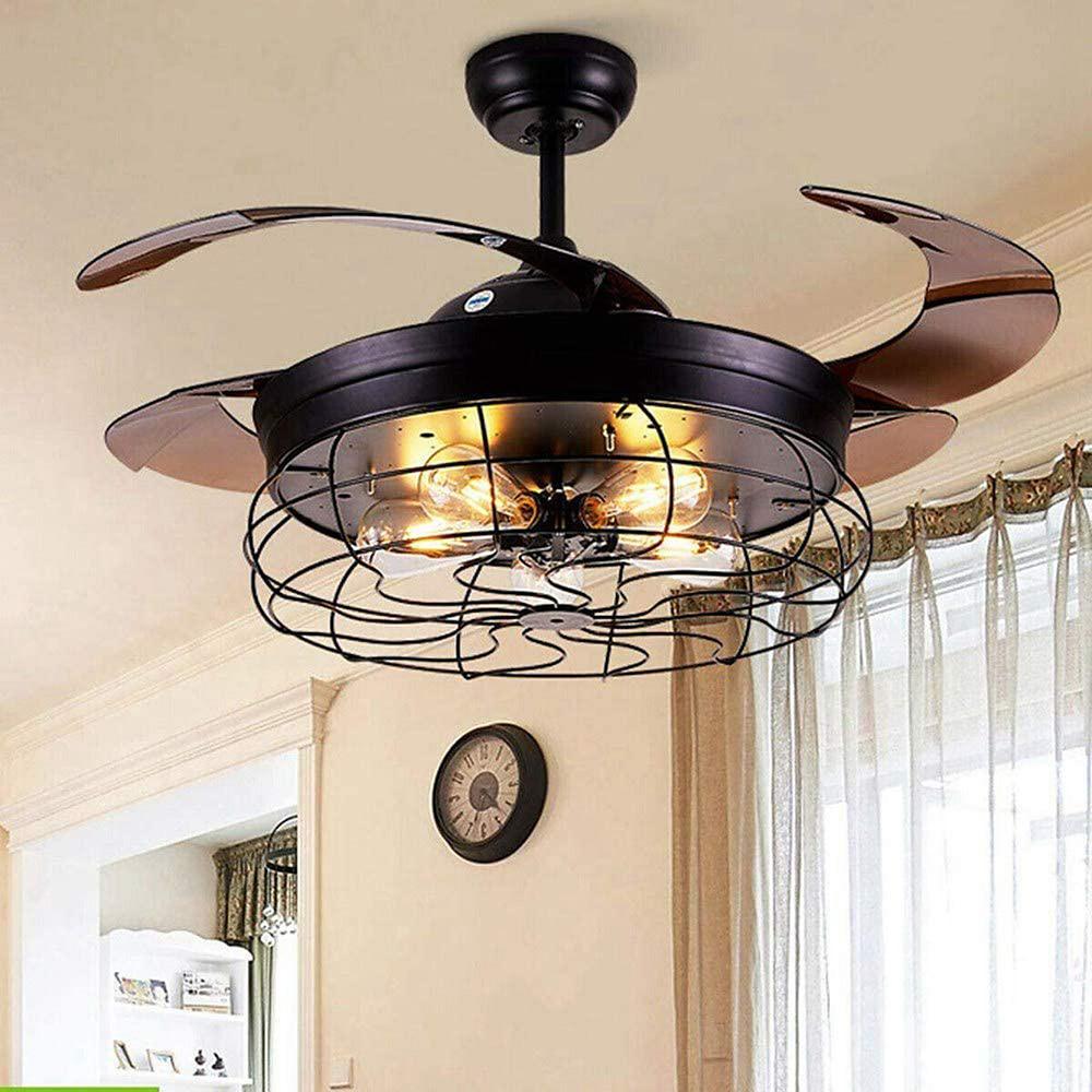 43 Inch Black Industrial Retractable Ceiling Fan with Lantern Light for Living Room