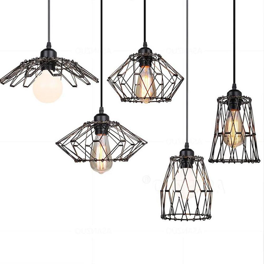 Industrial Black Wire Lantern Pendant Light for Kitchen Island Farmhouse Metal Cage Hanging Fixture