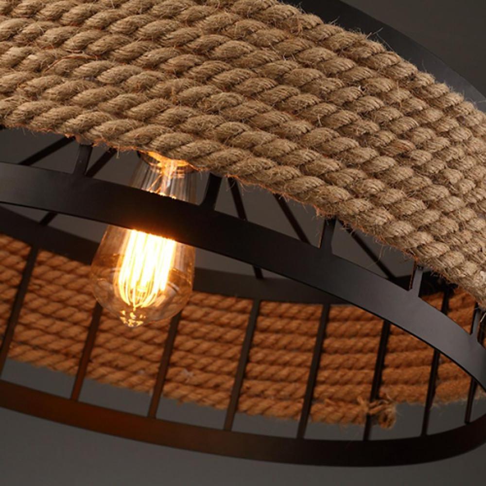 Industrial Country Hemp Rope Pendant Light Circular Metal Chandelier for Dining Room Island