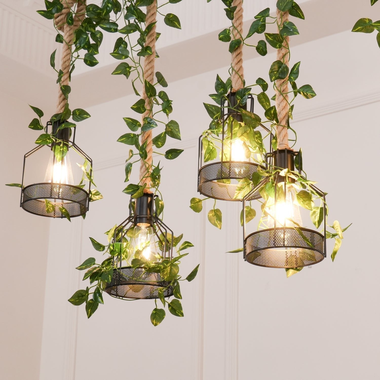Industrial Farmhouse Wooden Beam Chandelier with Hemp Rope for Island Dining Room