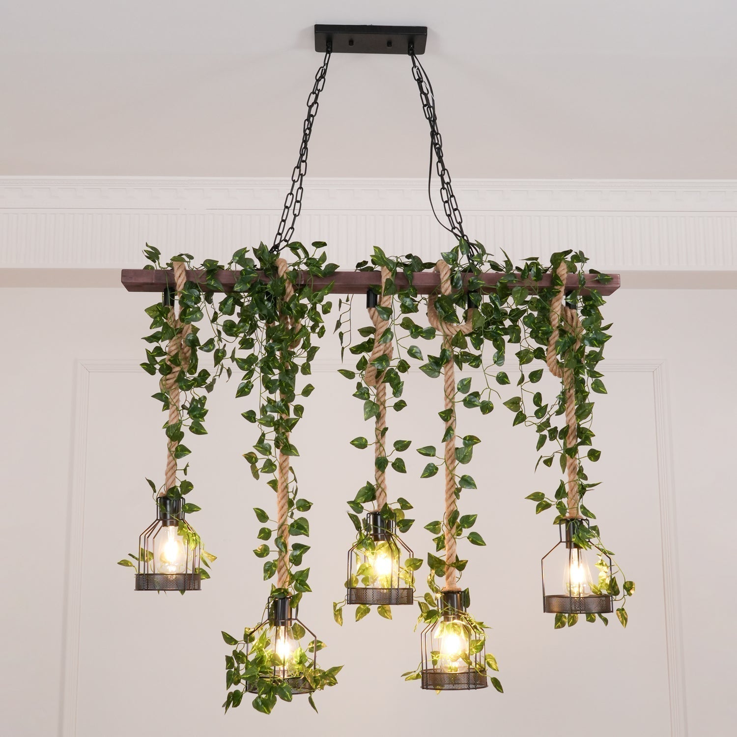 Industrial Farmhouse Wooden Beam Chandelier with Hemp Rope for Island Dining Room