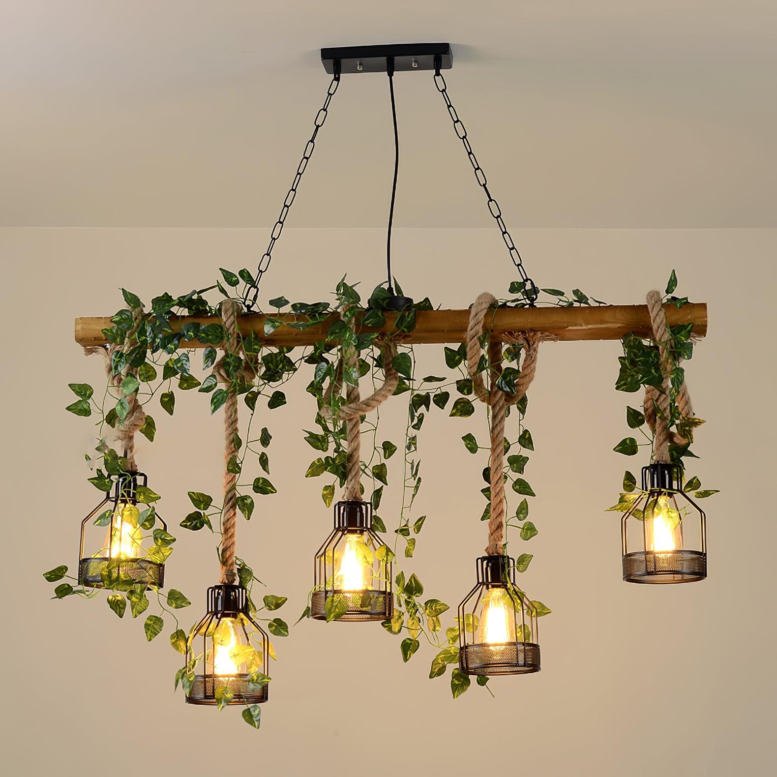 Industrial Farmhouse Wooden Beam Chandelier with Hemp Rope for Island Dining Room