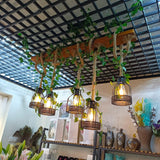 Industrial Farmhouse Wooden Beam Chandelier with Hemp Rope for Island Dining Room