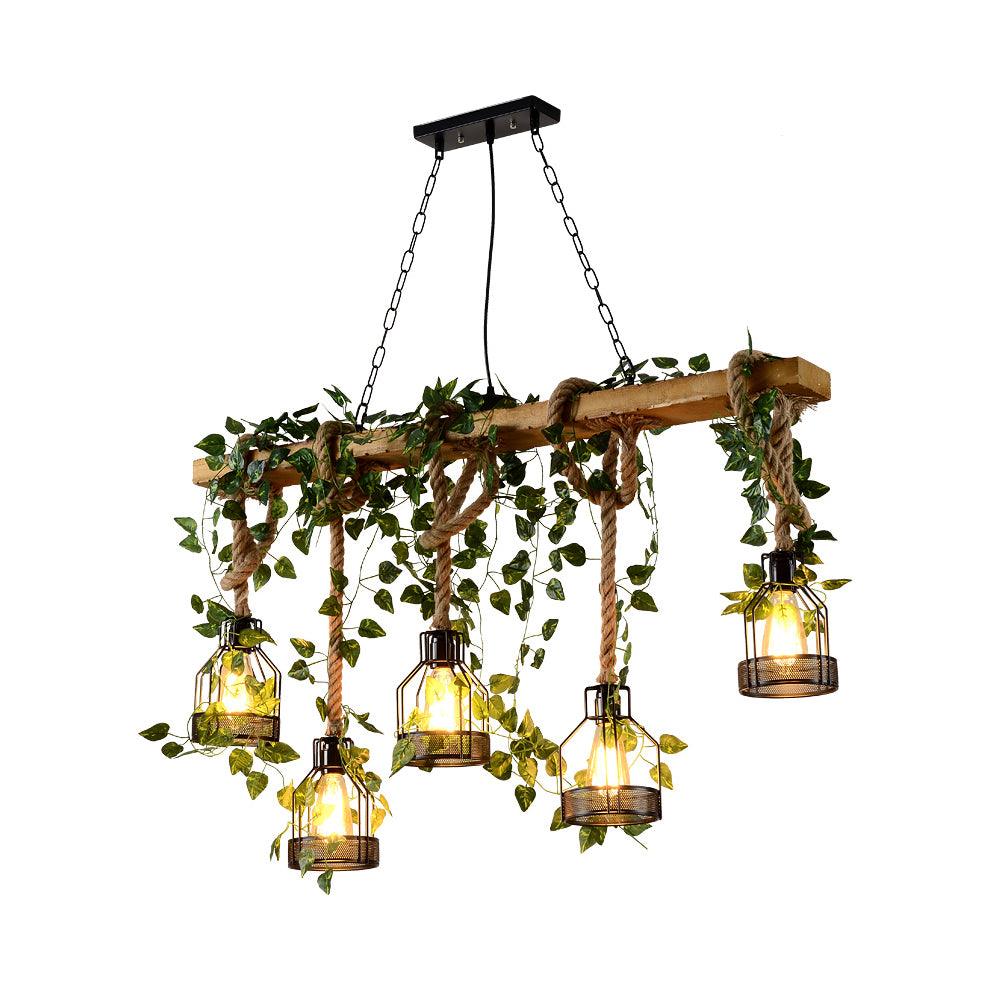 Industrial Farmhouse Wooden Beam Chandelier with Hemp Rope for Island Dining Room