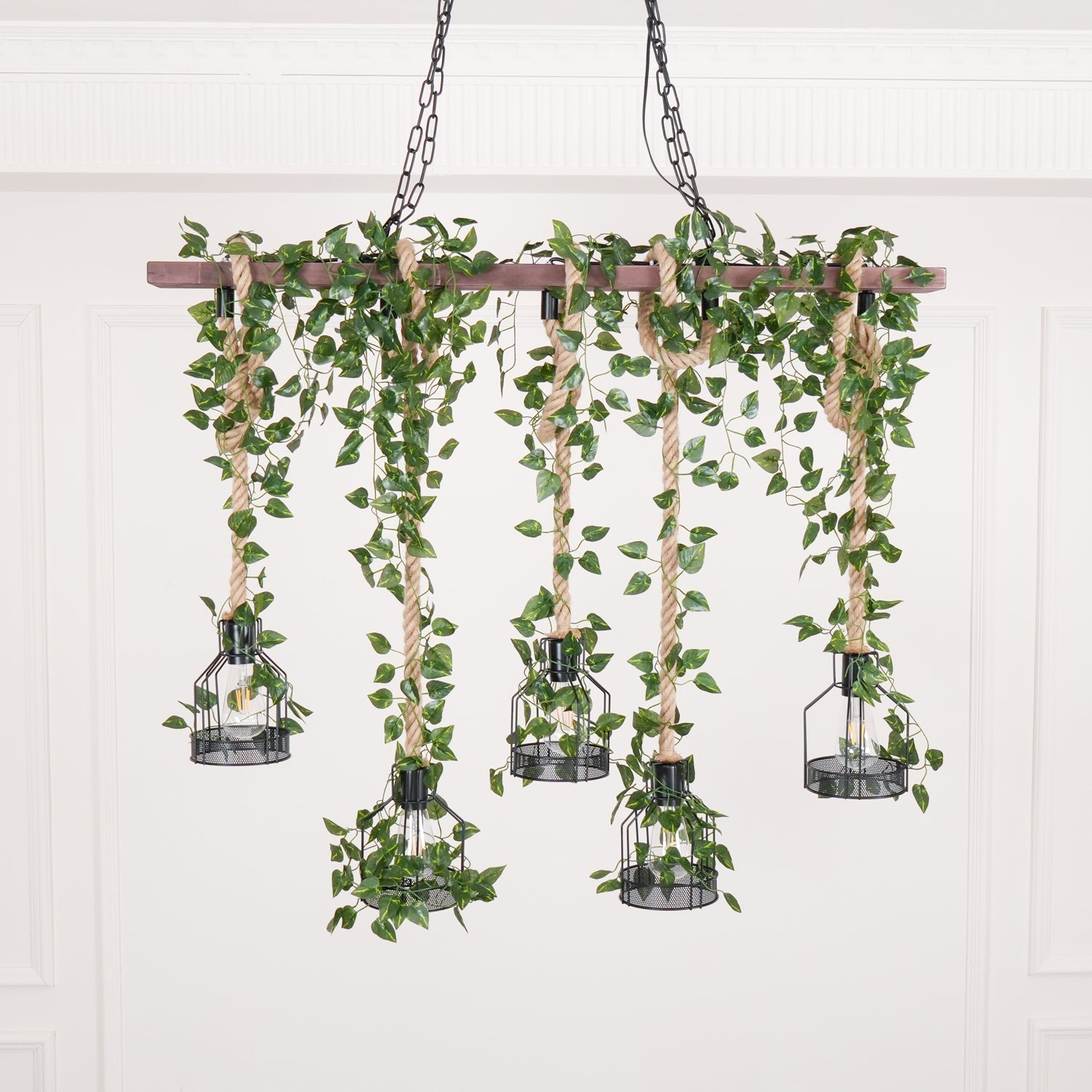Industrial Farmhouse Wooden Beam Chandelier with Hemp Rope for Island Dining Room