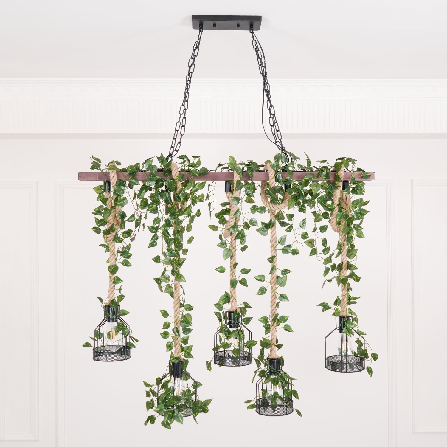 Industrial Farmhouse Wooden Beam Chandelier with Hemp Rope for Island Dining Room
