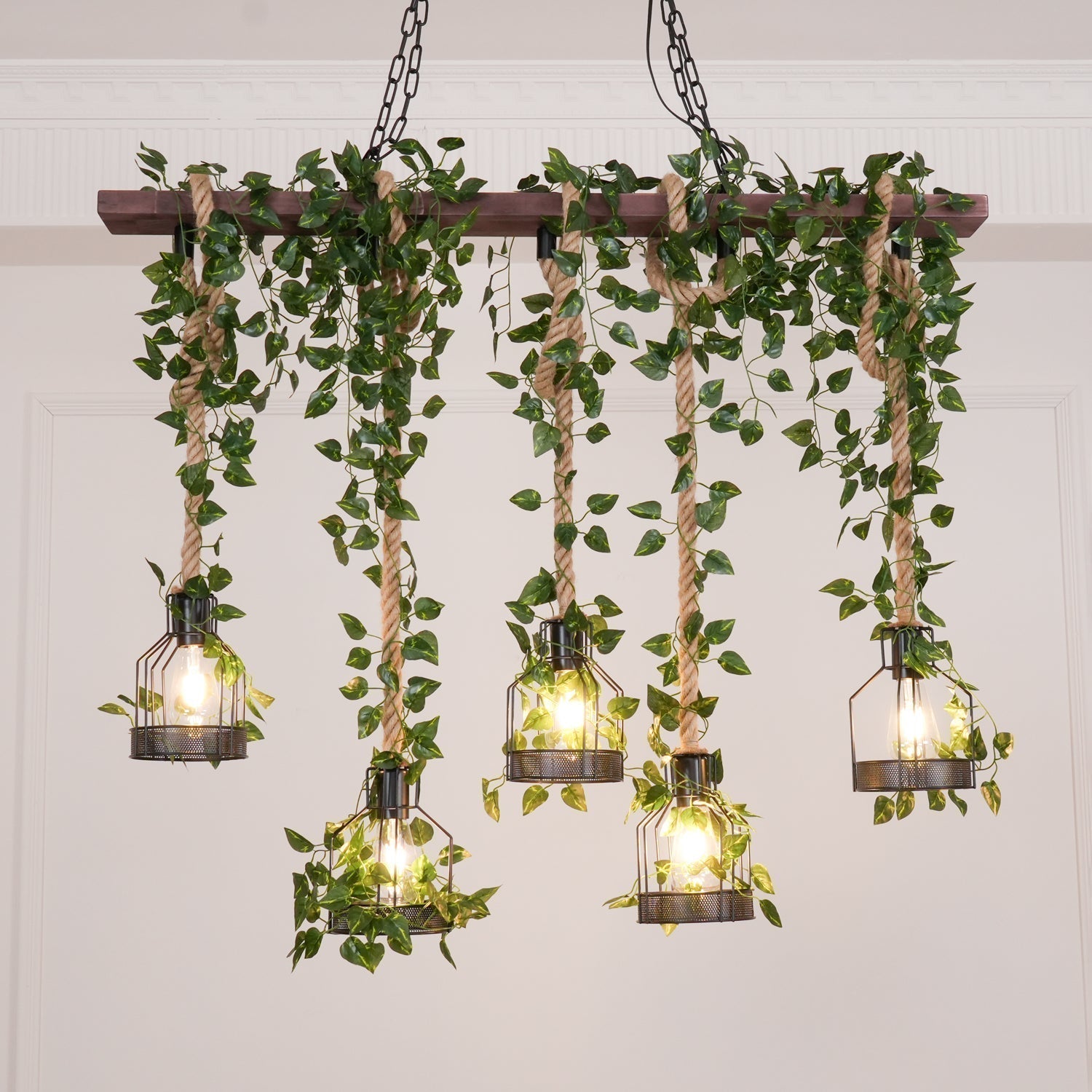 Industrial Farmhouse Wooden Beam Chandelier with Hemp Rope for Island Dining Room