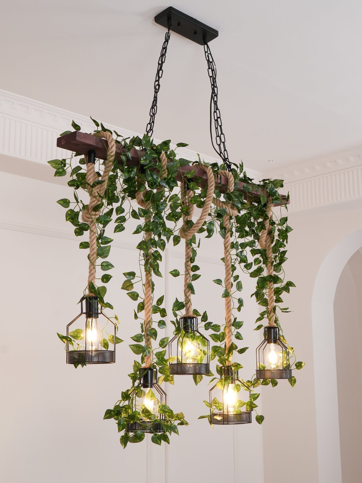 Industrial Farmhouse Wooden Beam Chandelier with Hemp Rope for Island Dining Room