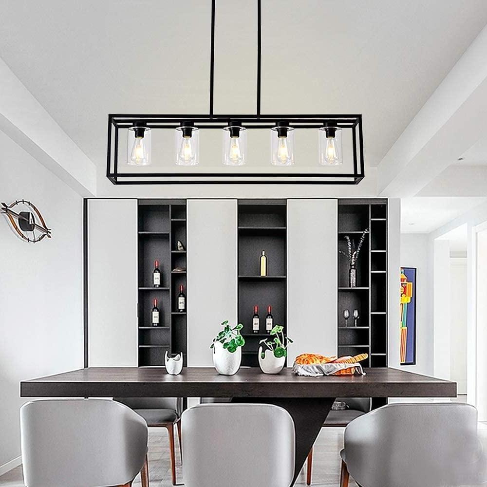 Industrial Rectangular Box Lantern Chandelier for Dining Room and Kitchen Island Metal Five Light Fixture