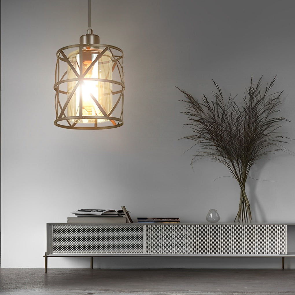 Industrial Round Glass Pendant Light Black Retro Cage Ceiling Hanging Lamp for Kitchen Island