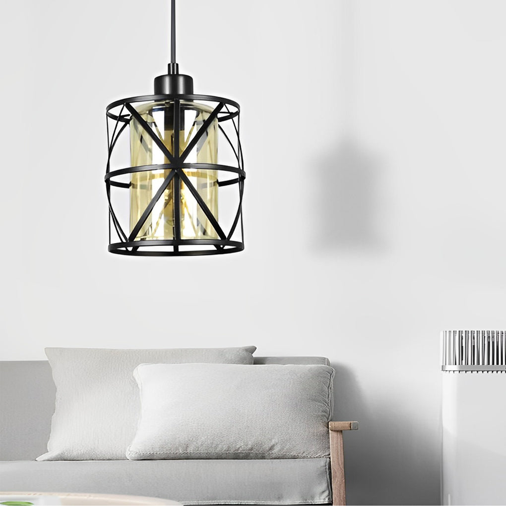 Industrial Round Glass Pendant Light Black Retro Cage Ceiling Hanging Lamp for Kitchen Island
