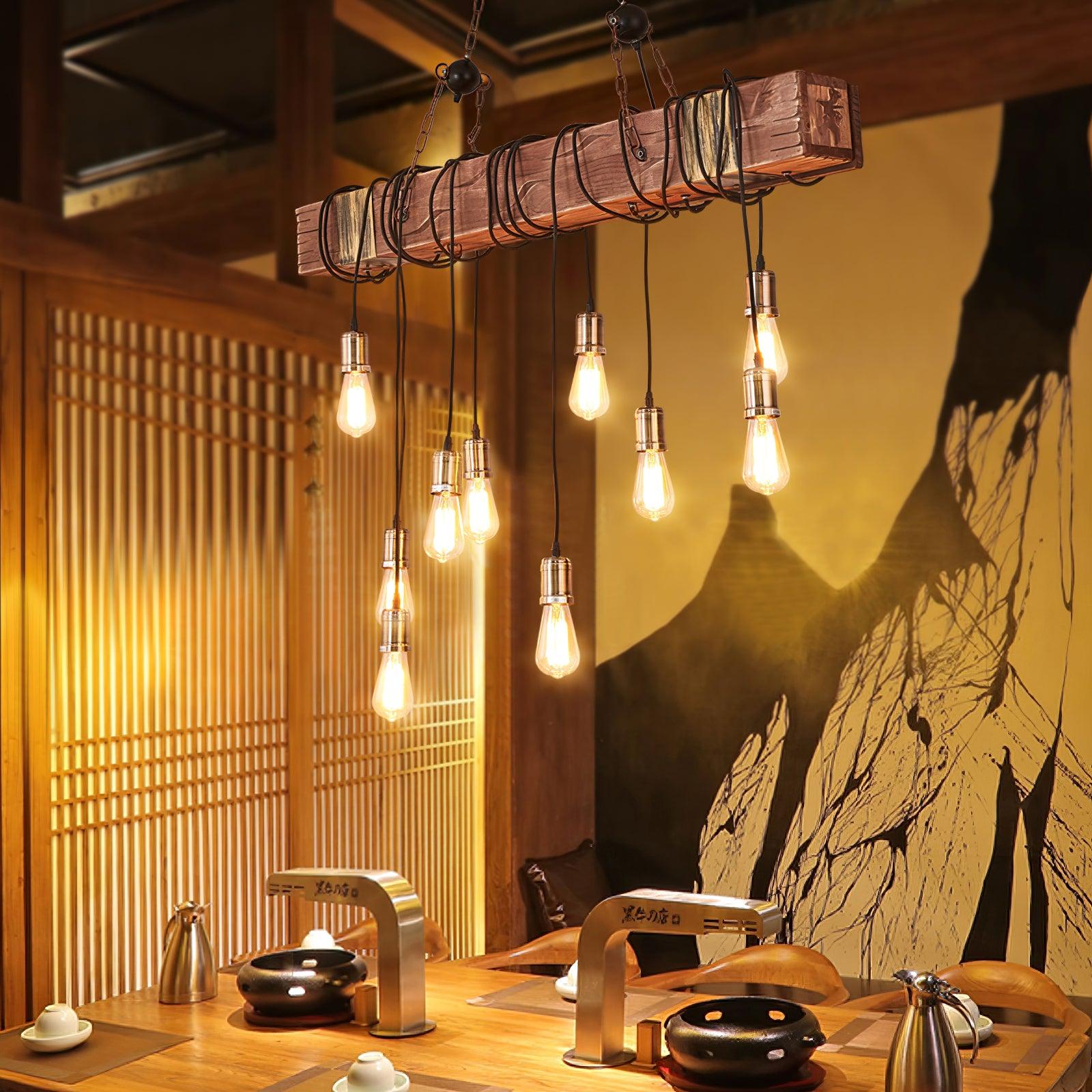Industrial Rustic Wood Beam 10 Light Island Pendant Light for Farmhouse Kitchen