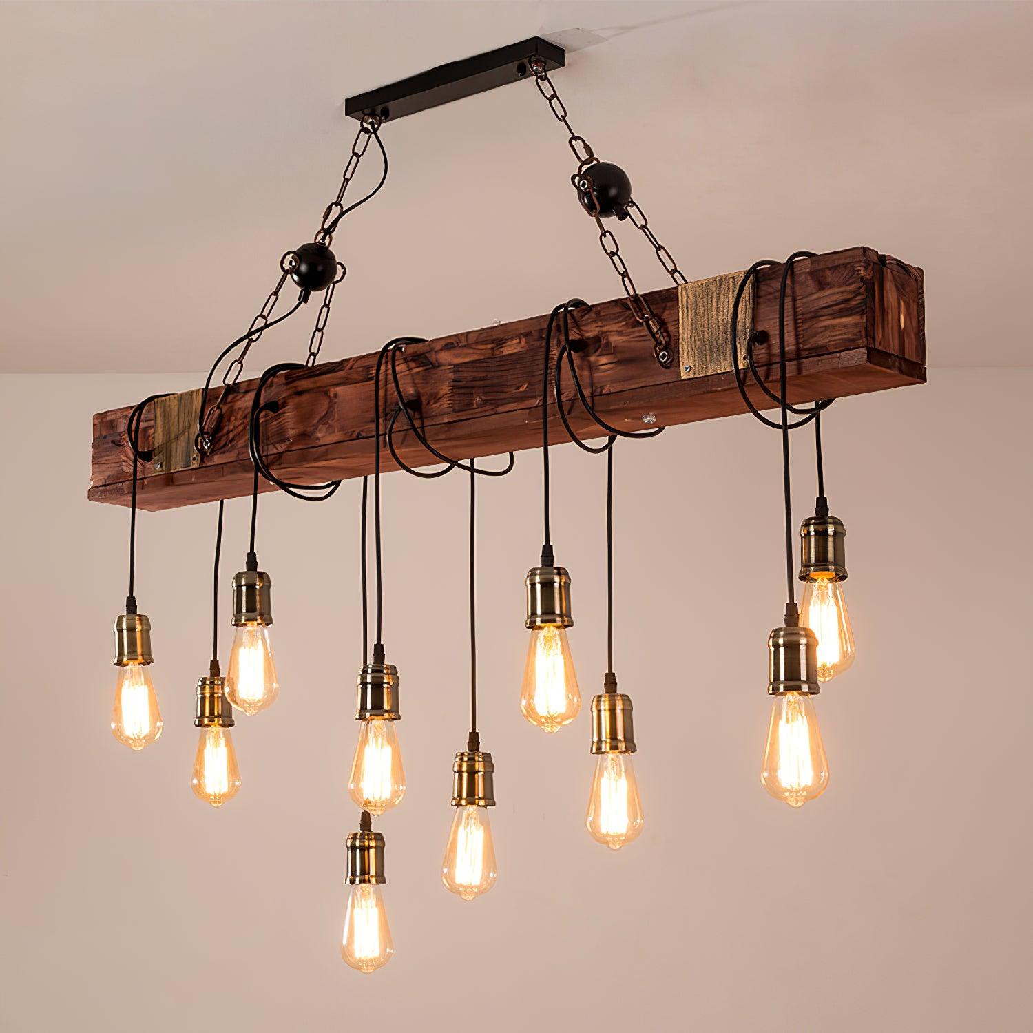 Industrial Rustic Wood Beam 10 Light Island Pendant Light for Farmhouse Kitchen