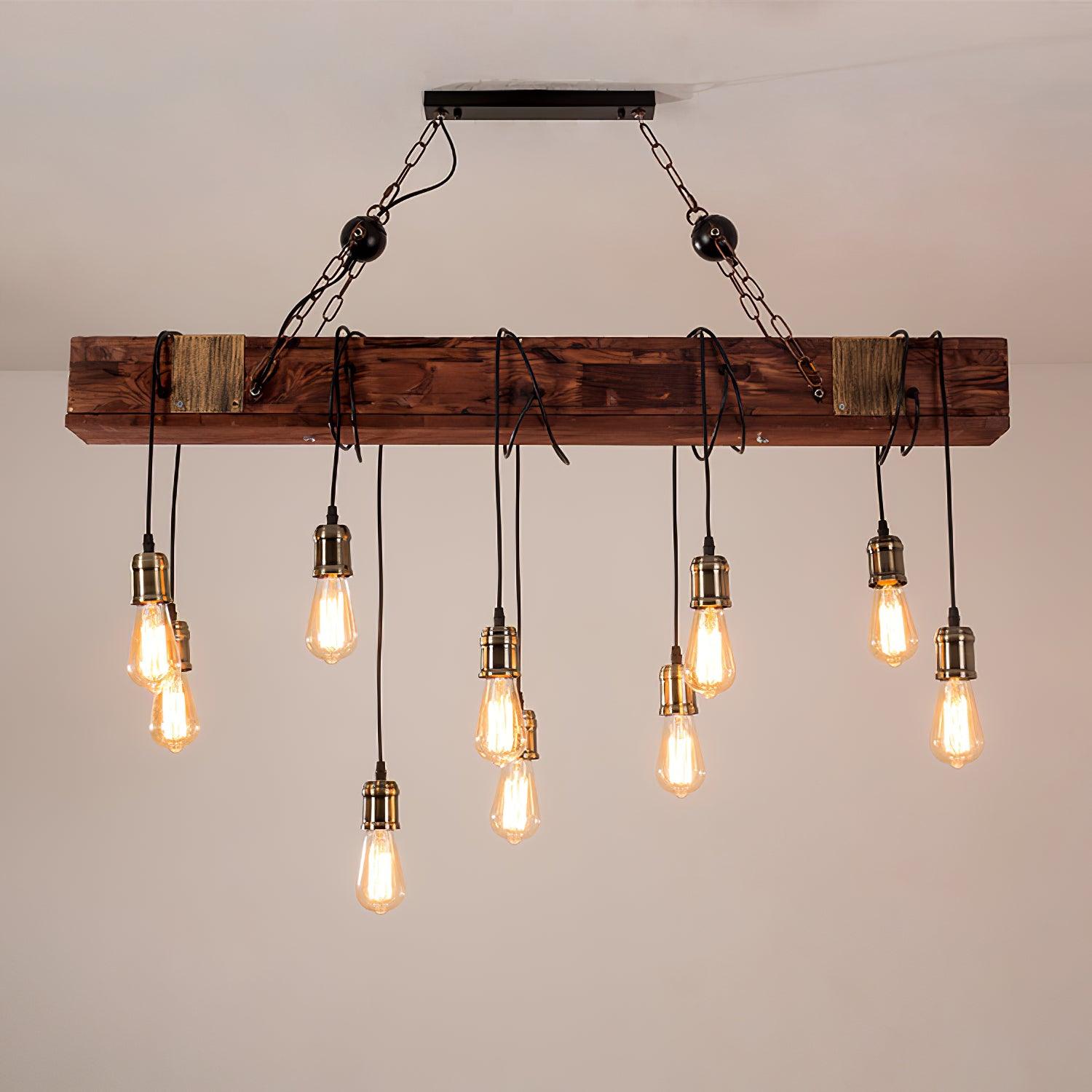 Industrial Rustic Wood Beam 10 Light Island Pendant Light for Farmhouse Kitchen