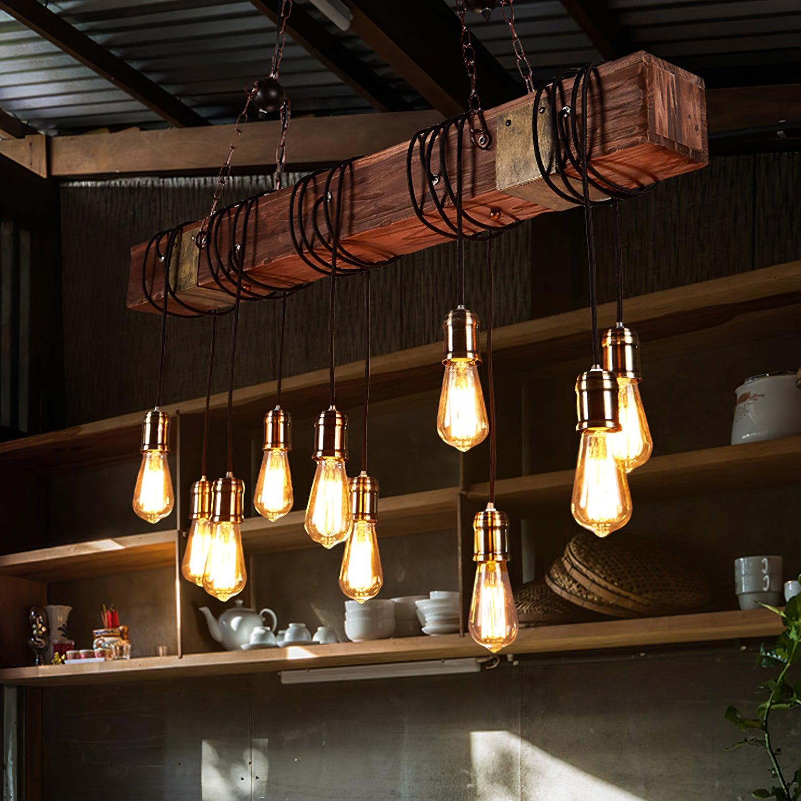 Industrial Rustic Wood Beam 10 Light Island Pendant Light for Farmhouse Kitchen
