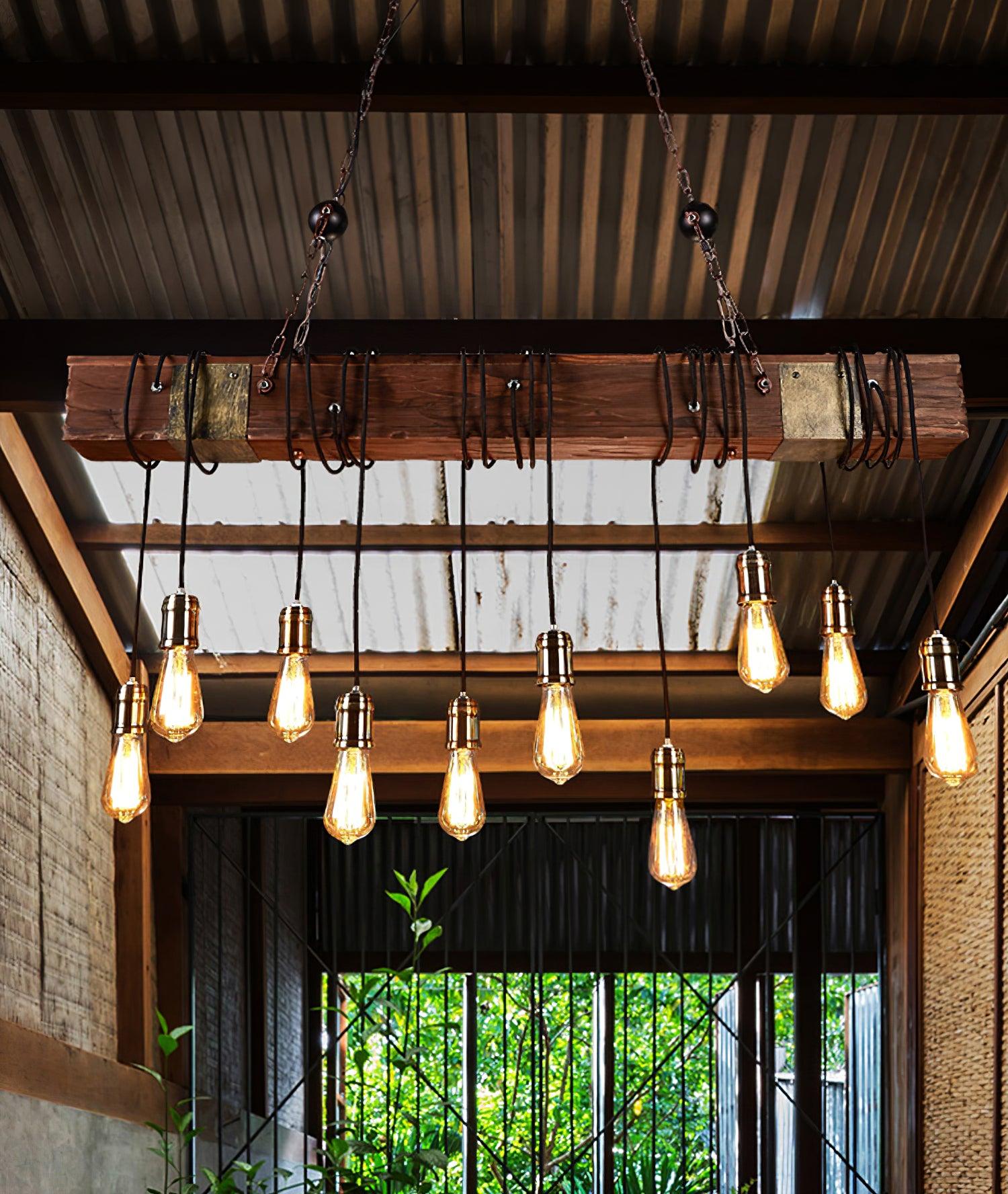 Industrial Rustic Wood Beam 10 Light Island Pendant Light for Farmhouse Kitchen