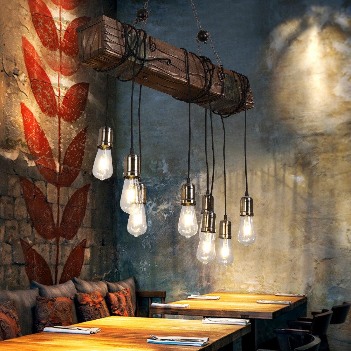 Industrial Rustic Wood Beam 10 Light Island Pendant Light for Farmhouse Kitchen