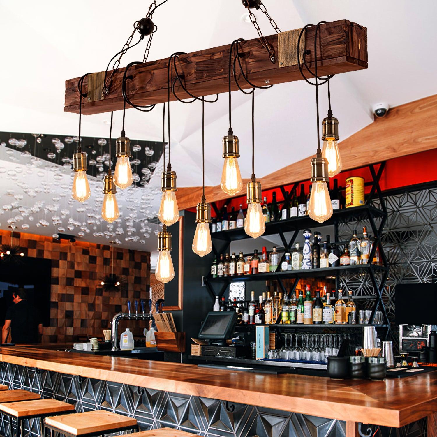 Industrial Rustic Wood Beam 10 Light Island Pendant Light for Farmhouse Kitchen