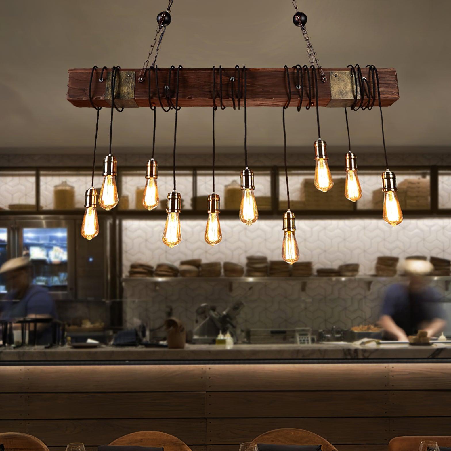 Industrial Rustic Wood Beam 10 Light Island Pendant Light for Farmhouse Kitchen