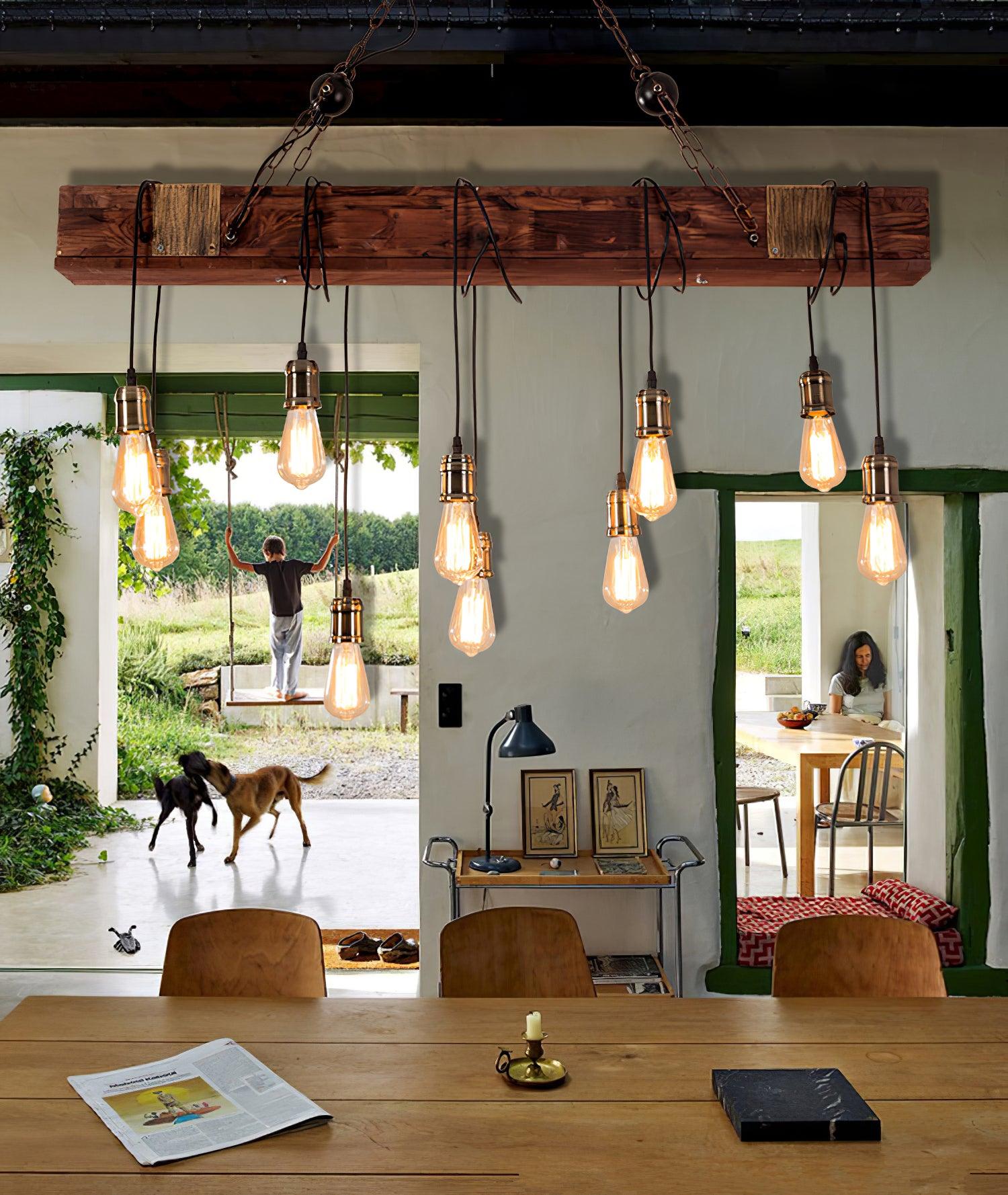 Industrial Rustic Wood Beam 10 Light Island Pendant Light for Farmhouse Kitchen